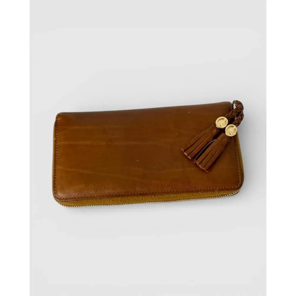 Gucci Brown Leather Tassel Gold GG Zip Around Wallet